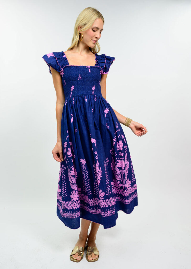 Uncle Frank Smocked Border Dress navy