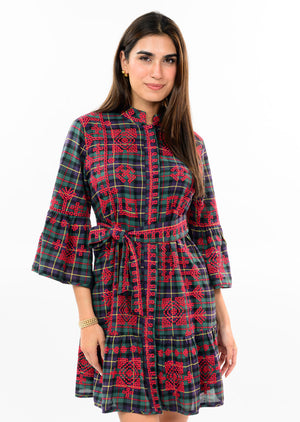 Uncle Frank Tartan Cross Stitch Embroidered Dress green 