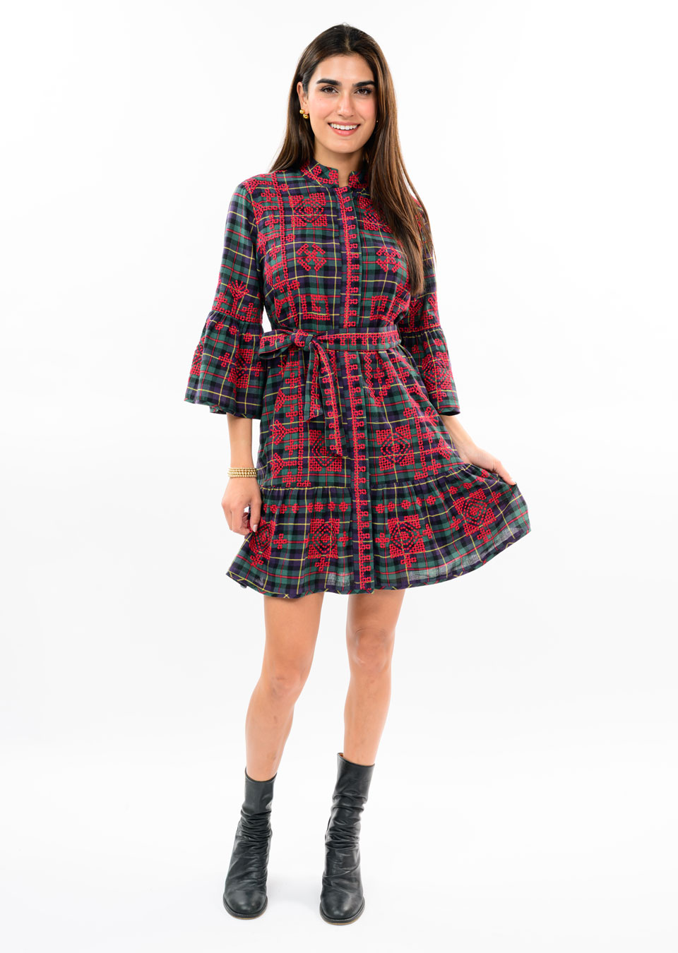 Uncle Frank Tartan Cross Stitch Embroidered Dress green 