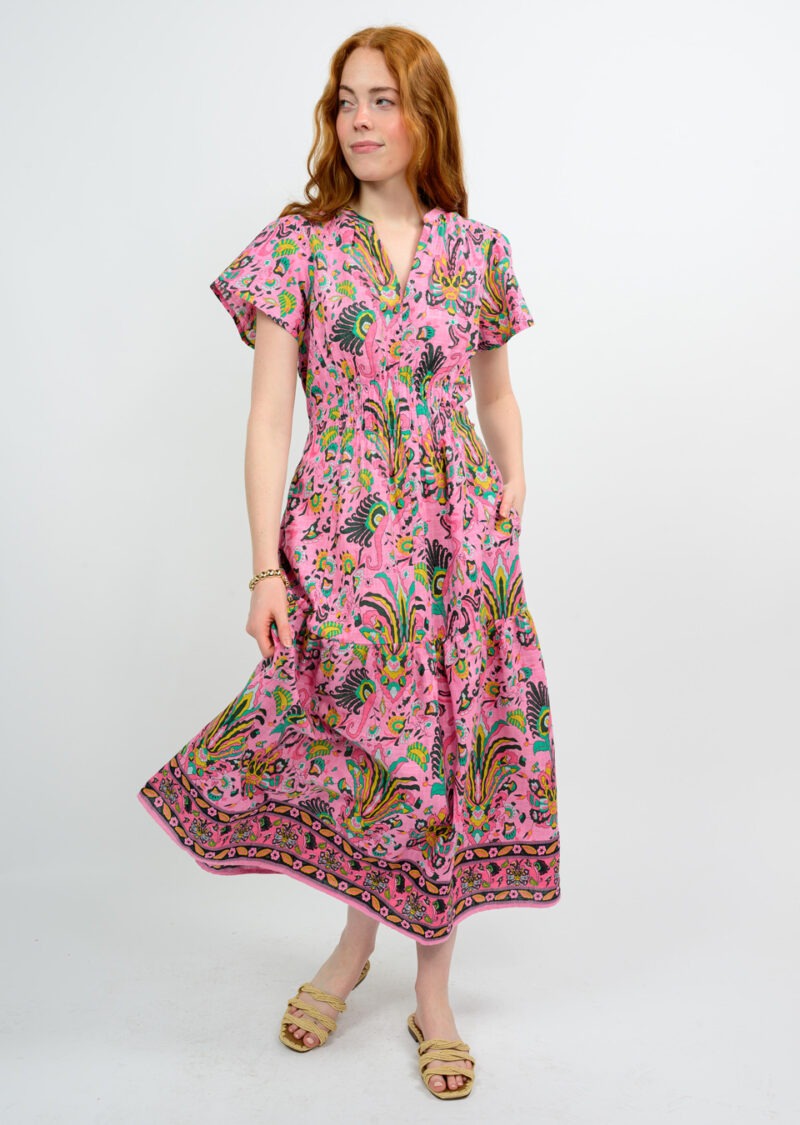 Uncle Frank Tropical Borders Midi Dress in pink 