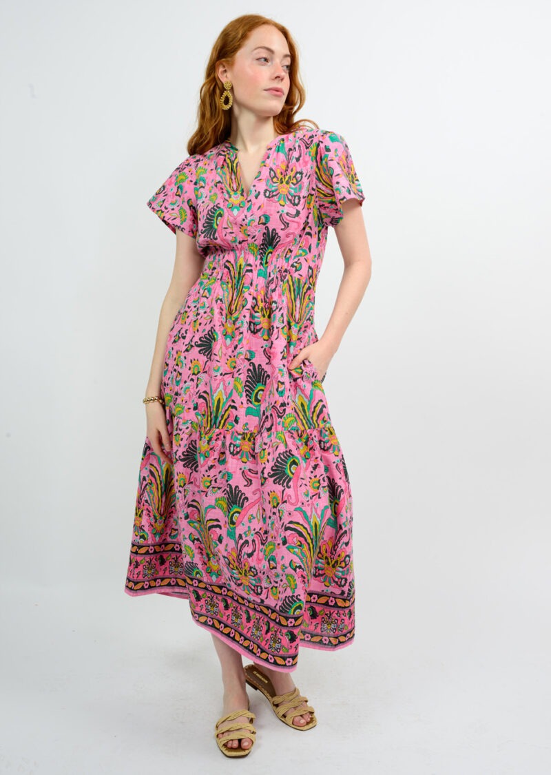 Uncle Frank Tropical Borders Midi Dress in pink 