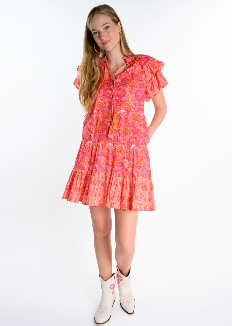 Uncle Frank Twin Block Print Dress in coral 