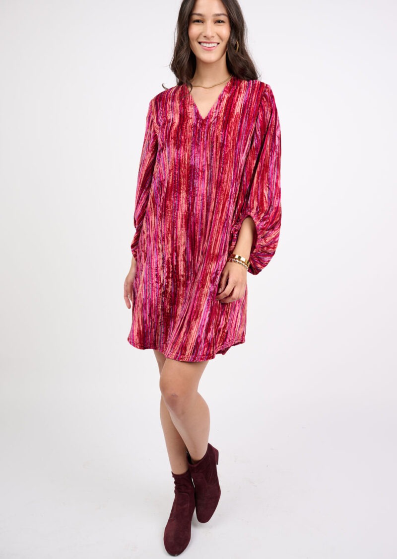 Uncle Frank V-Neck Velvet Striped Dress in raspberry-front