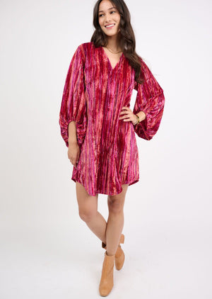 Uncle Frank V-Neck Velvet Striped Dress in raspberry-front