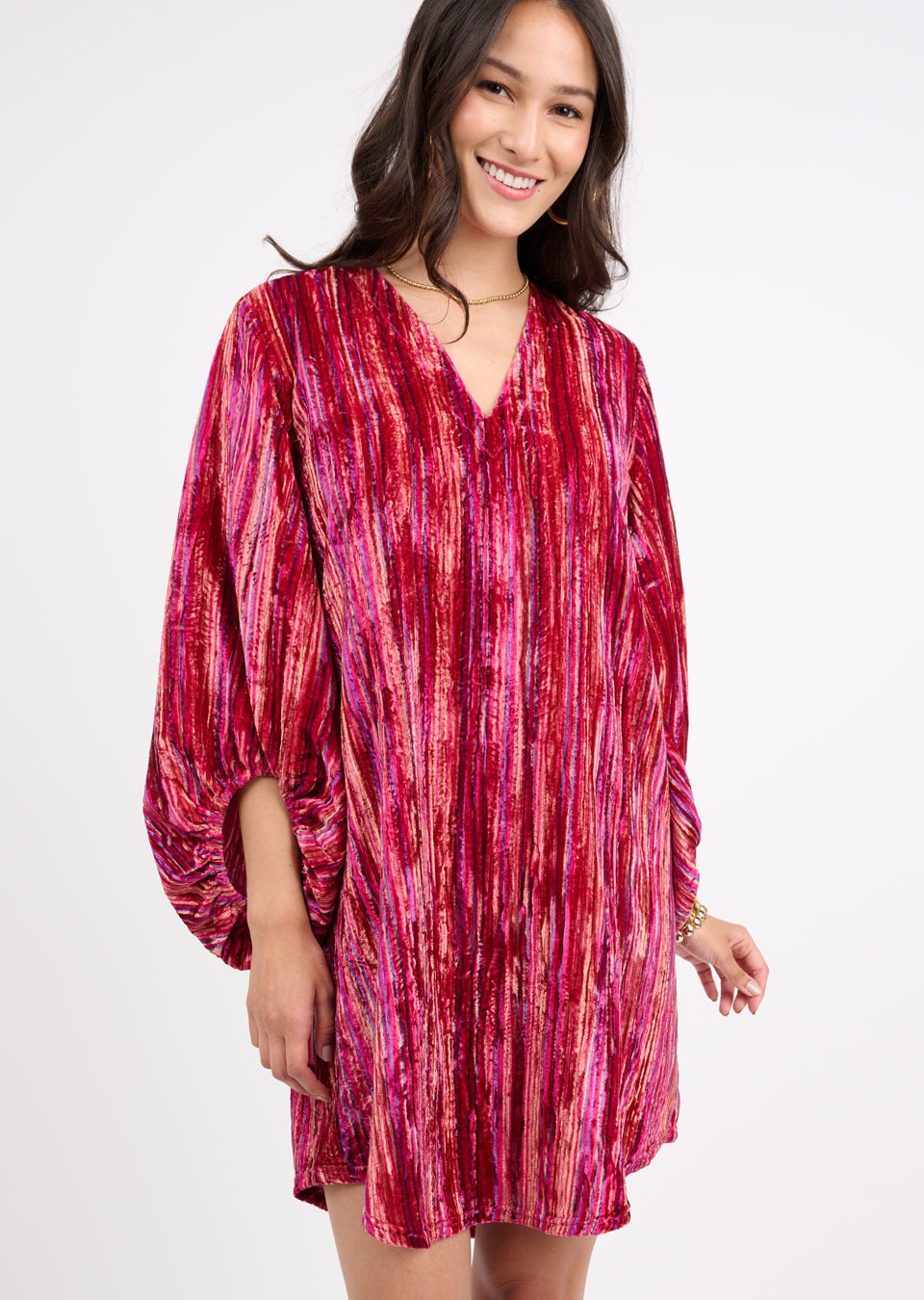 Uncle Frank V-Neck Velvet Striped Dress in raspberry-front