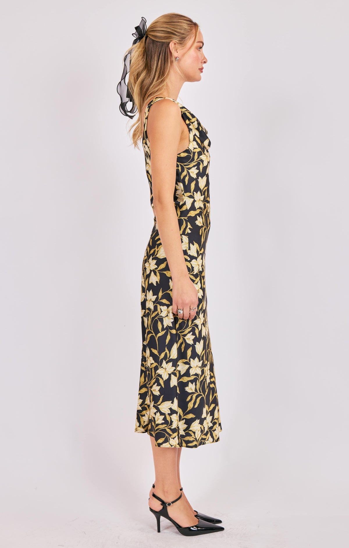 cowl neck floral midi dress Satin Floral Cowl Neck Strappy Back Midi Slip Dress