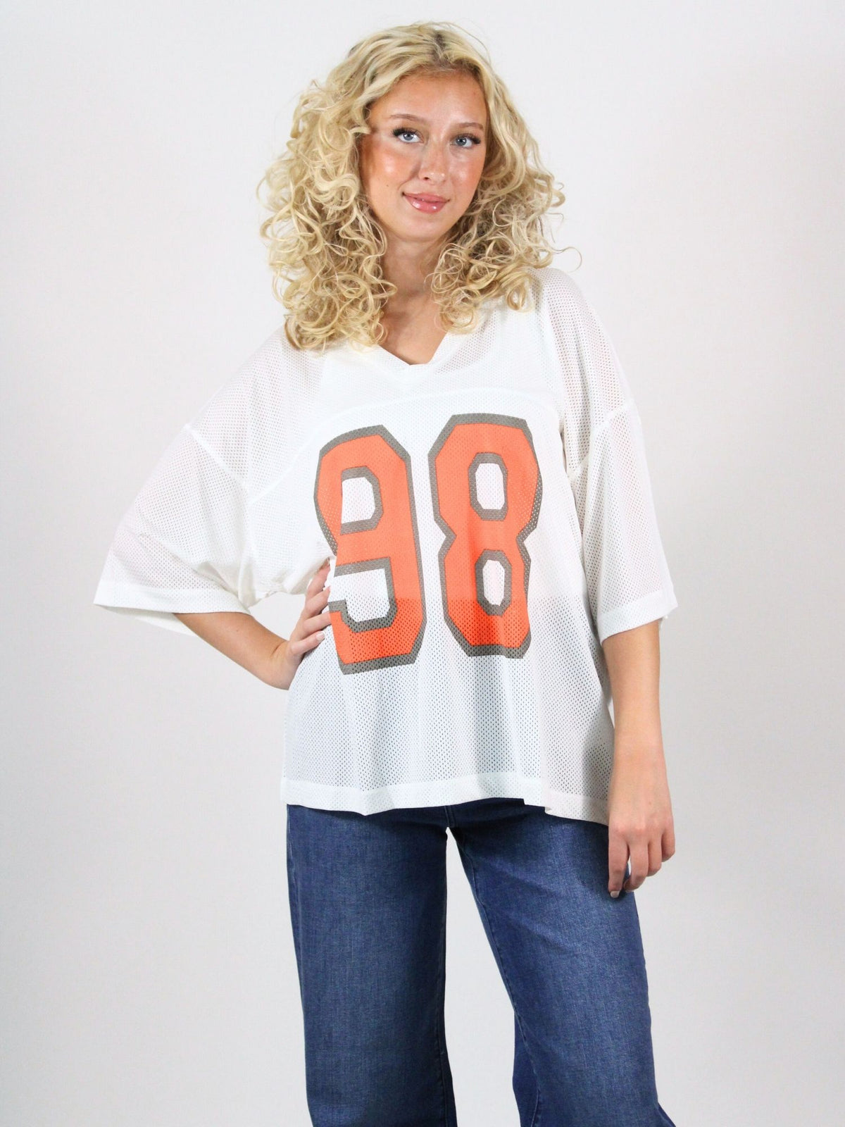 Victory Vibes Mesh Jersey Tee in white and orange 
