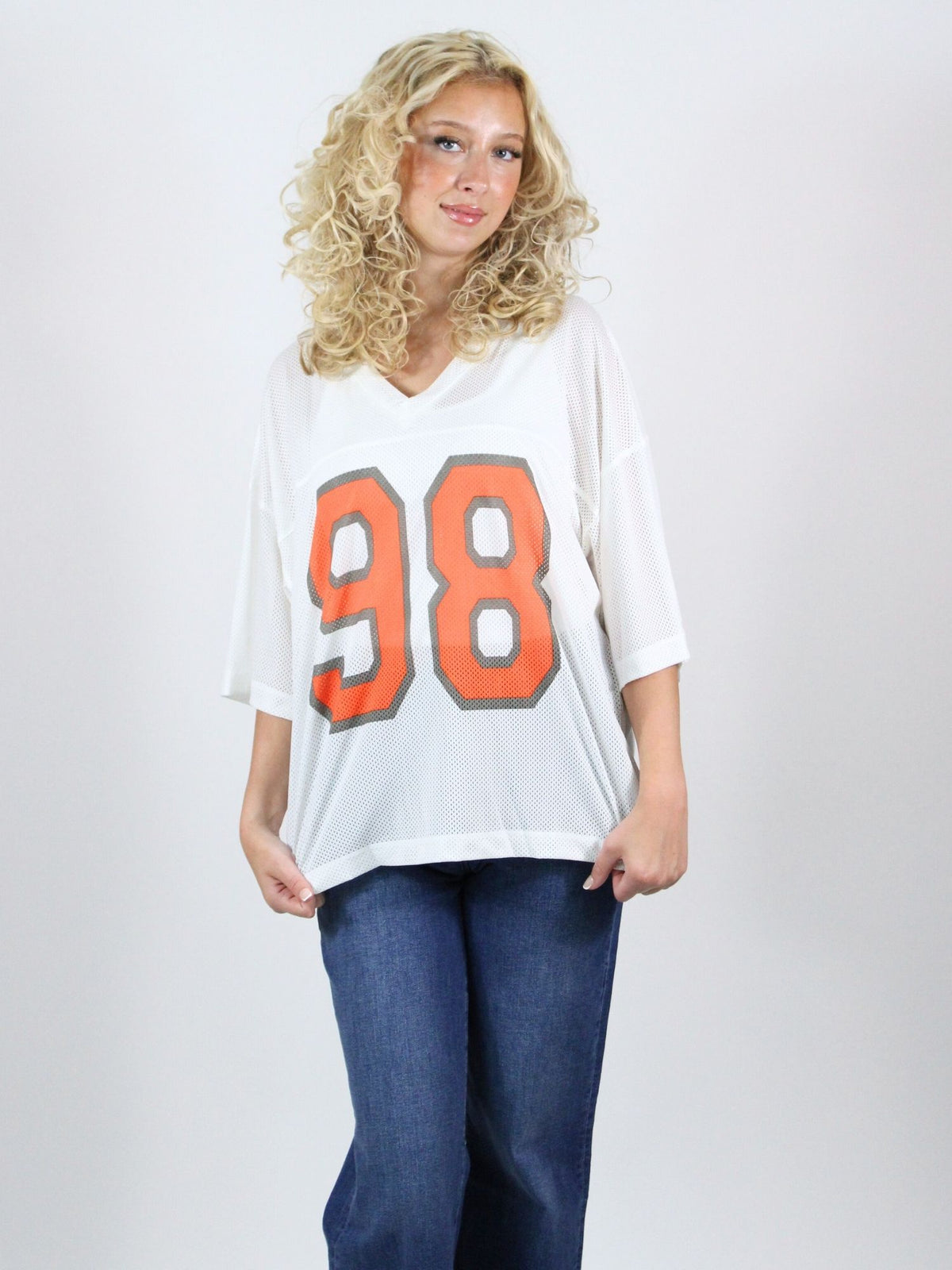 Victory Vibes Mesh Jersey Tee in white and orange 