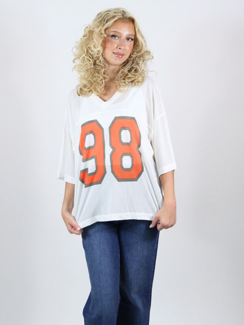 Victory Vibes Mesh Jersey Tee in white and orange 