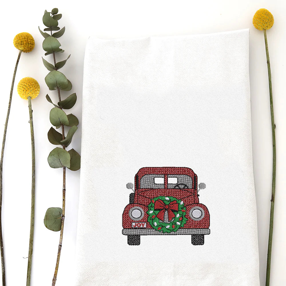Vintage Truck Christmas Wreath Tea Towel