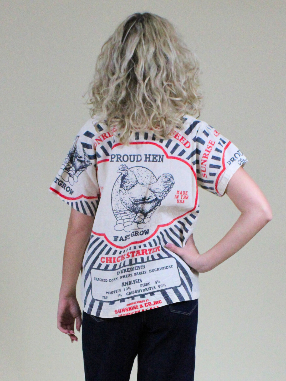 vintage print pocket top chicken back model view