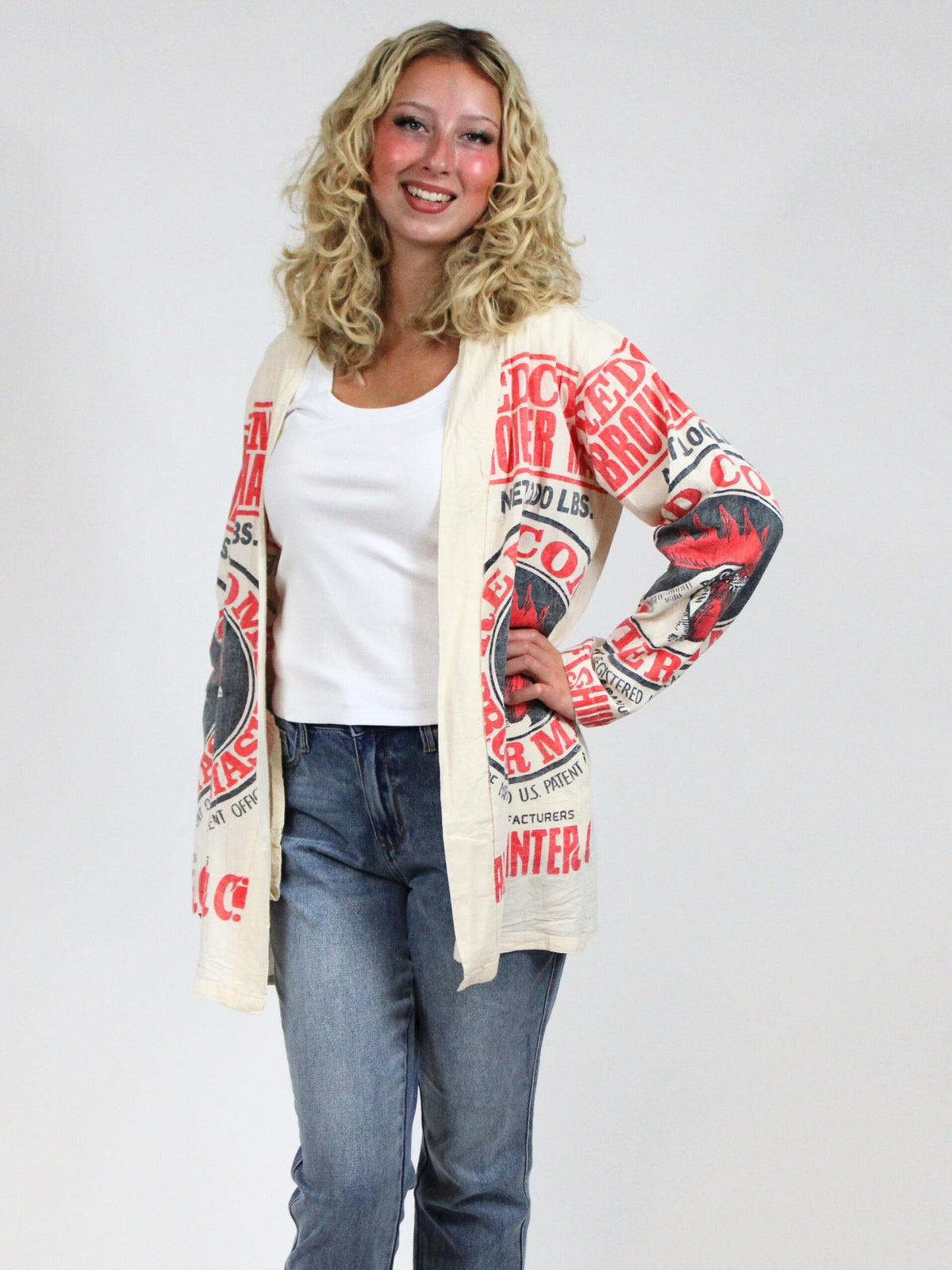 vintage retro print jacket duster rooster front close view