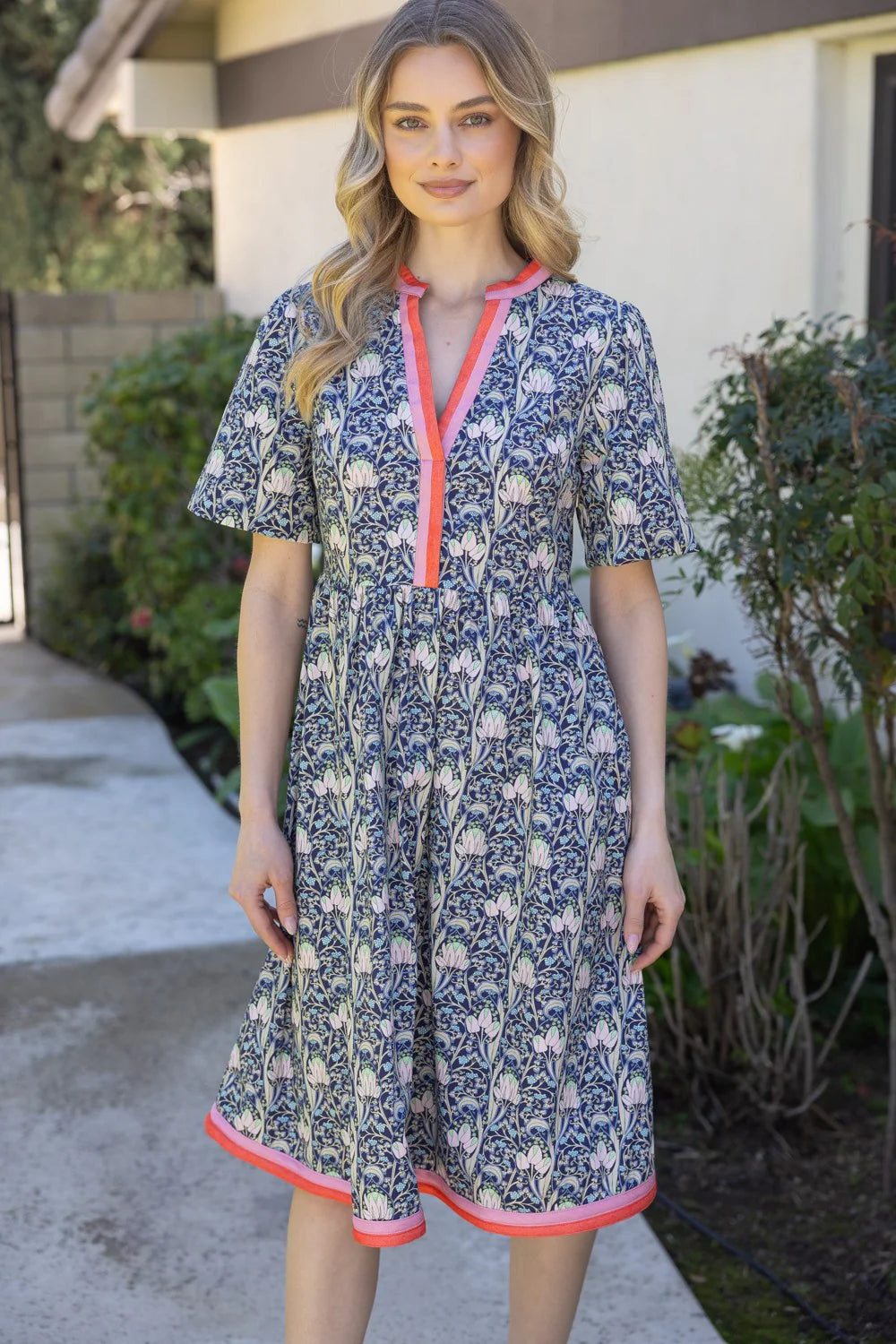 Voy Contrast Stripe Floral Midi Dress Navy