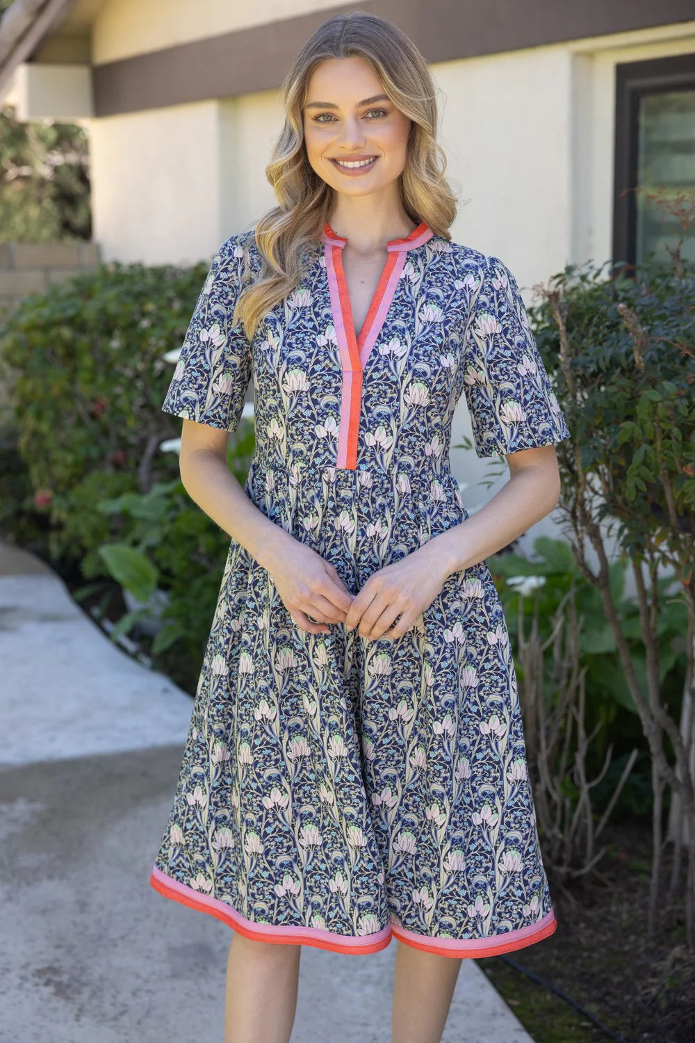 Voy Contrast Stripe Floral Midi Dress Navy