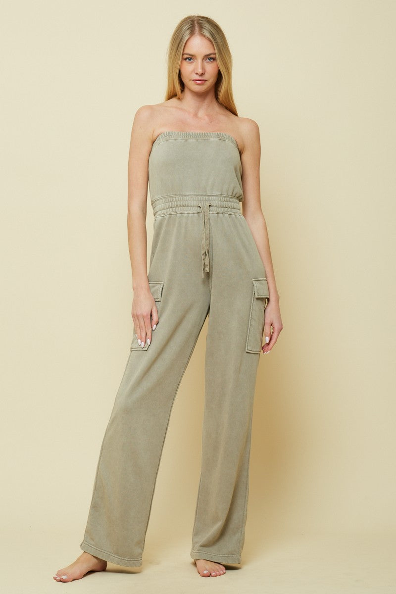washed tube top jumpsuit in sage-front