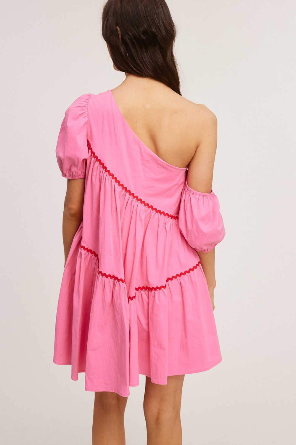wavy trim ric rack one shoulder mini dress in pink with red detail-back