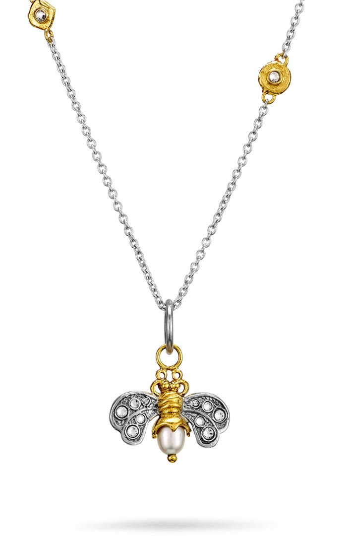 Waxing Poetic Crystal Honeypearl Bee Charm Necklace on Points of Light Chain, 16"