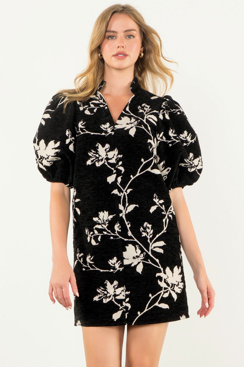 Chenille Puff Sleeve Dress in black-front