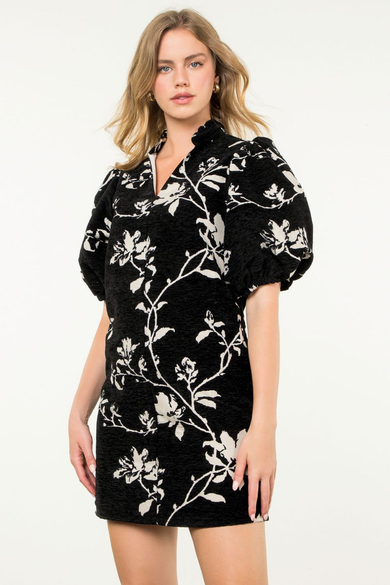 Chenille Puff Sleeve Dress in black-front