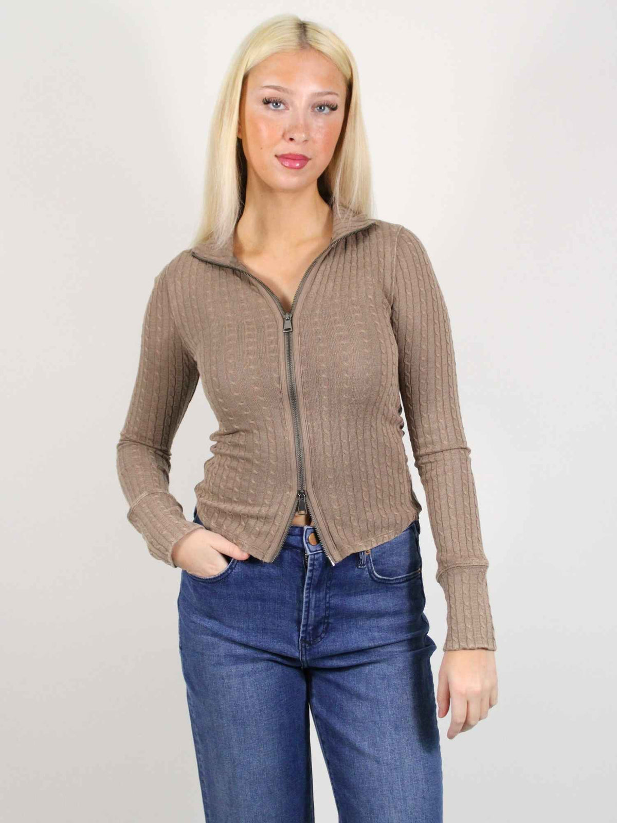 We The Free Brunch Girl Zip Up Cardigan Dusted Cocoa