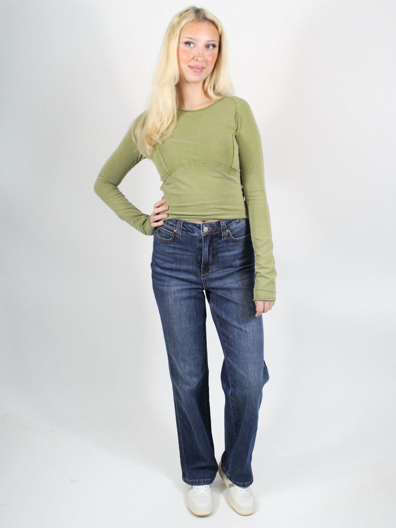 We The Free Protaganist Long Sleeve Crop Top Ivory Green Moss