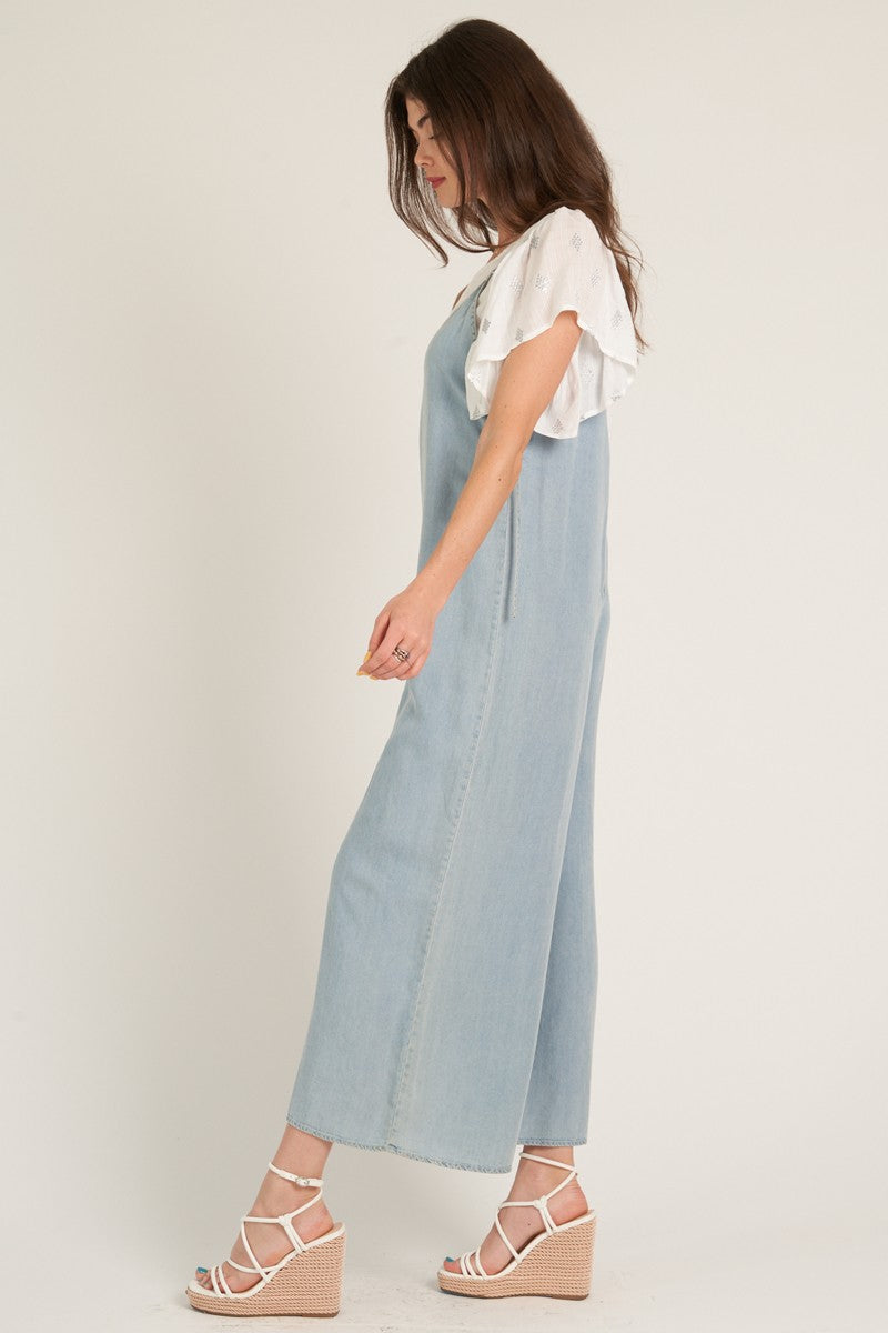 wide leg denim jumpsuit in light wash denim-side