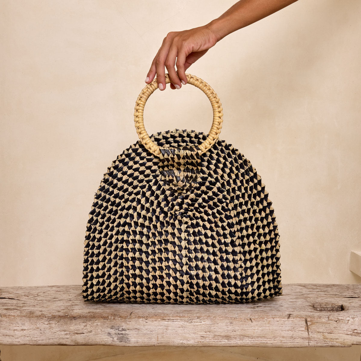 The Winding Road Fold Over Palm Leaf Handle Handbag with Round Handle