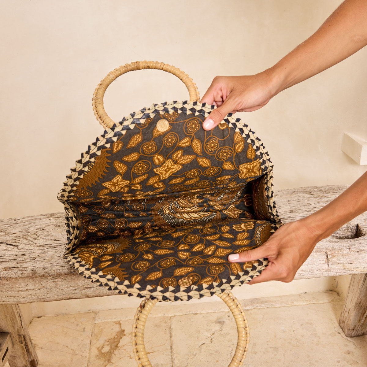 The Winding Road Fold Over Palm Leaf Handle Handbag with Round Handle