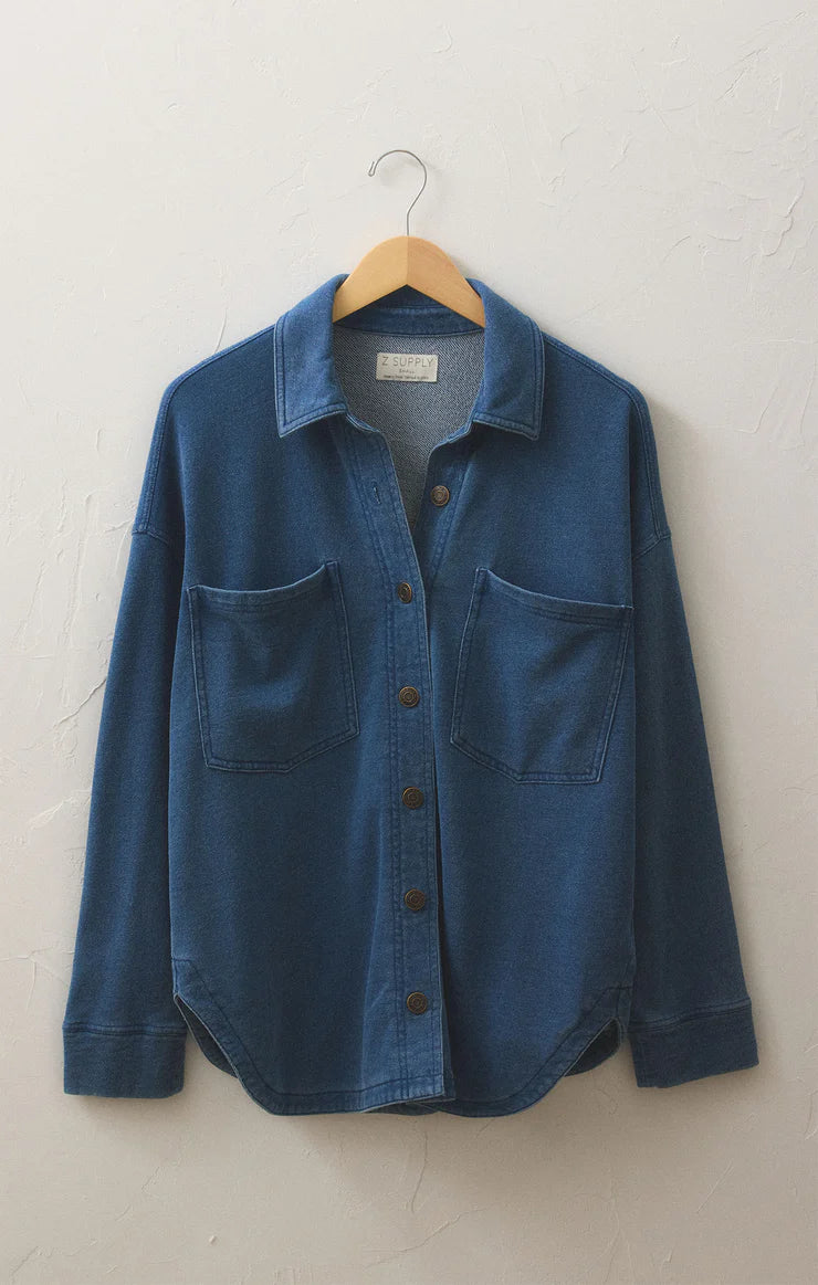 z supply all day knit denim jacket in vintage indigo-front view