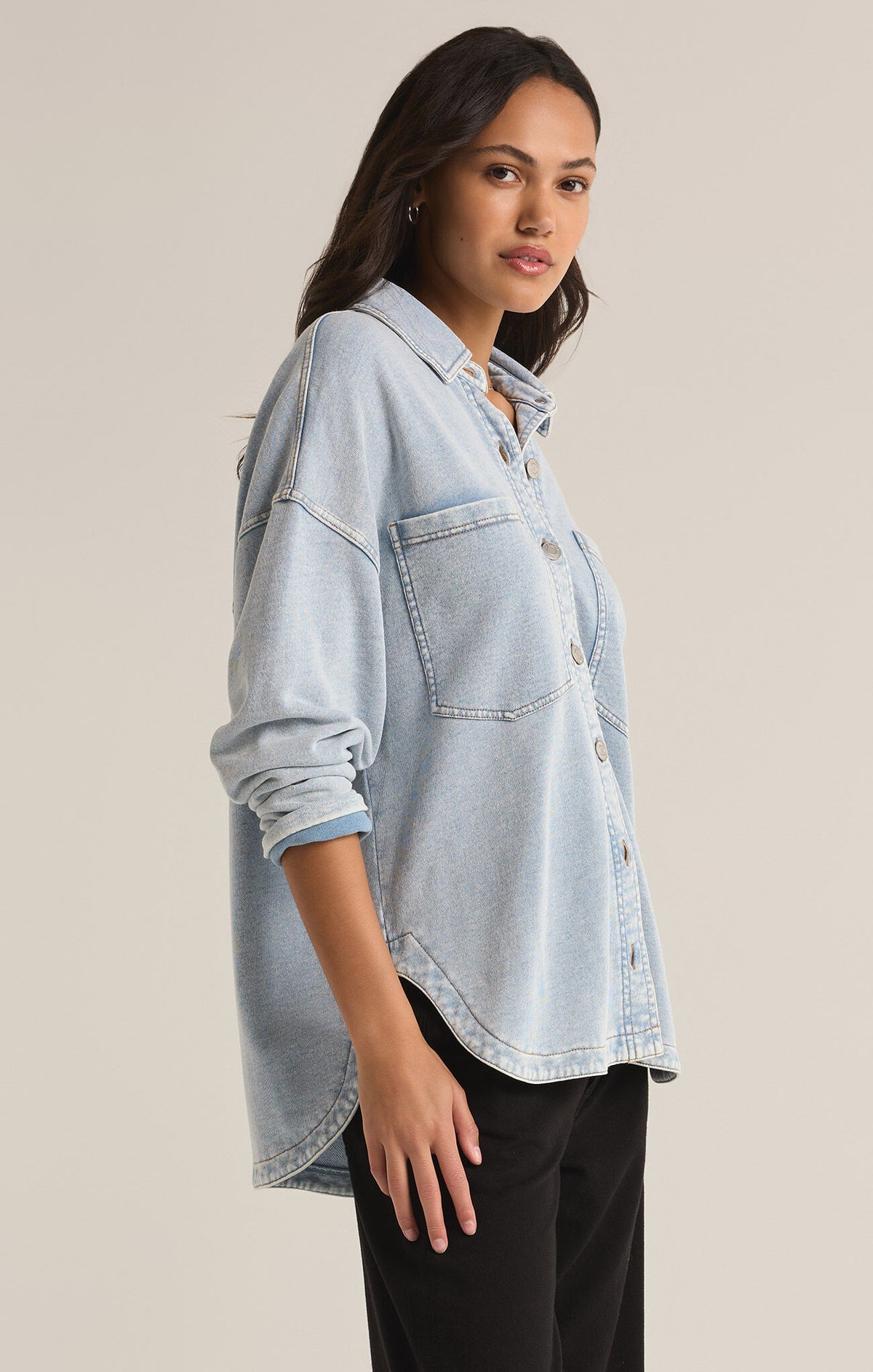 z supply all day knit denim jacket in washed indigo - side view
