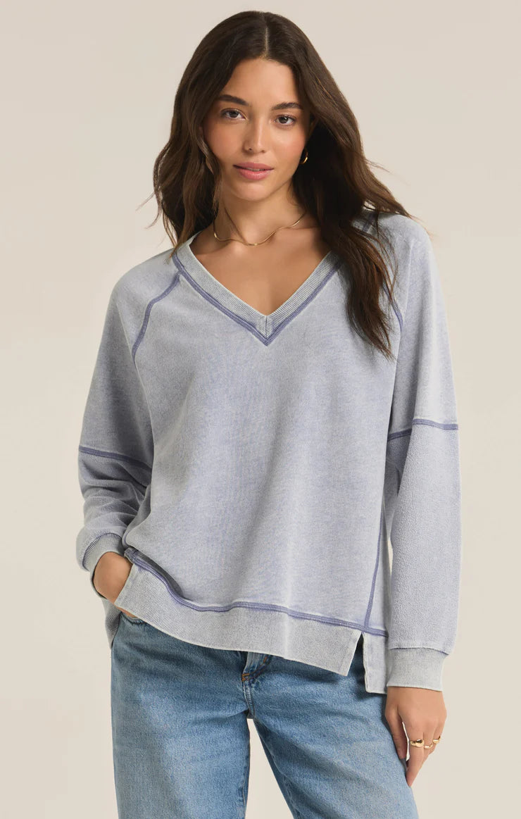 Z SUPPLY Easy V-Neck Knit Denim Sweatshirt in washed indigo-front