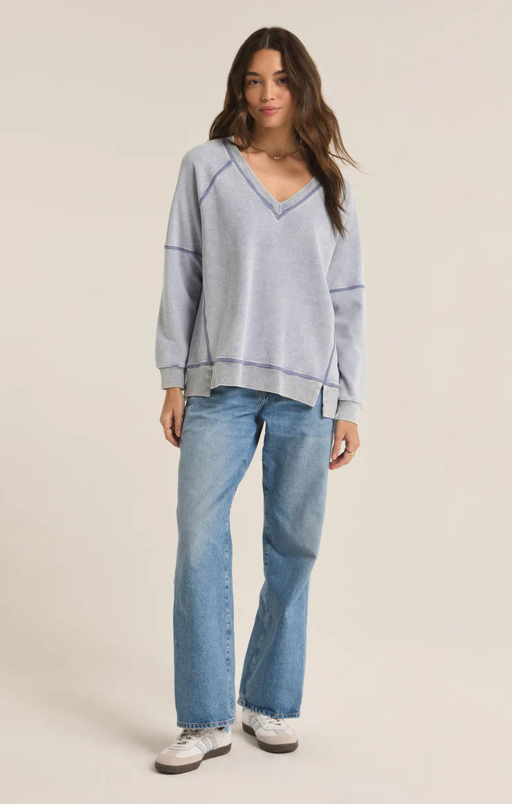 Z SUPPLY Easy V-Neck Knit Denim Sweatshirt in washed indigo-front