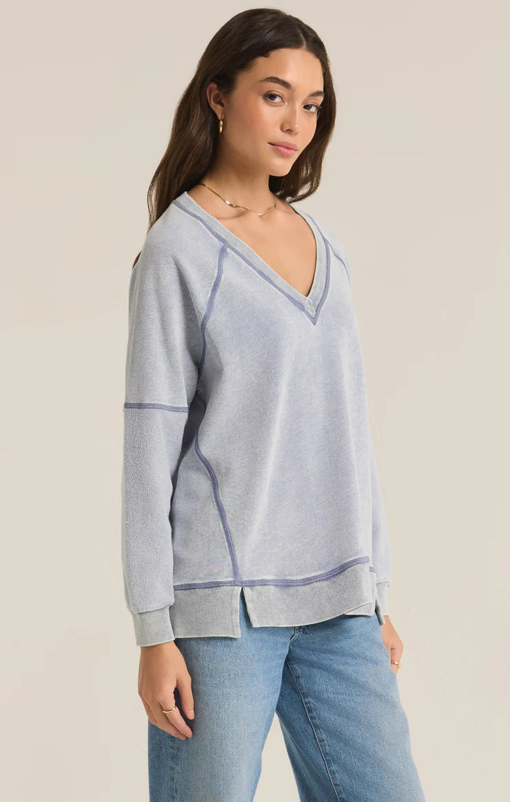 Z SUPPLY Easy V-Neck Knit Denim Sweatshirt in washed indigo-side