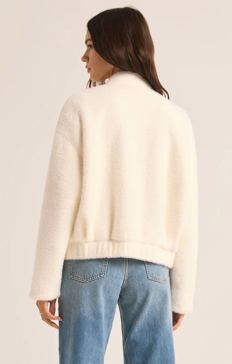 z supply lex sweater knit bomber jacket in sea salt-back