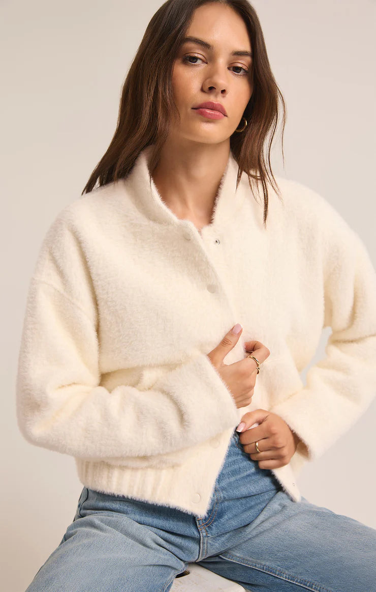 z supply lex sweater knit bomber jacket in sea salt-front