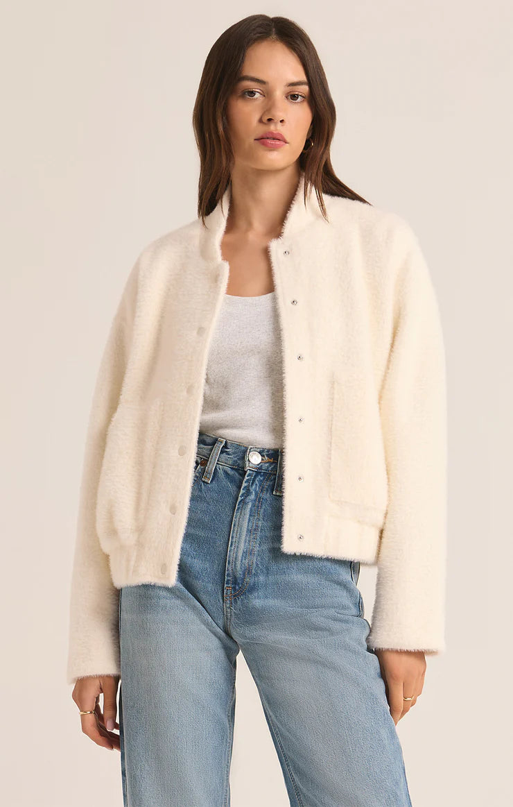 z supply lex sweater knit bomber jacket in sea salt-front