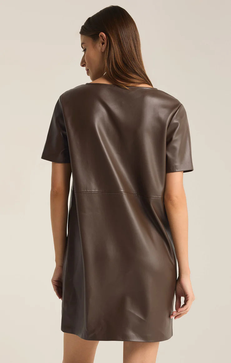 z supply london faux leather mini dress in dark chocolate-back