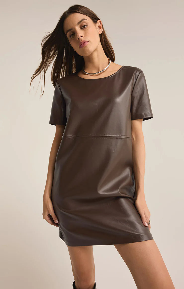 z supply london faux leather mini dress in dark chocolate-front