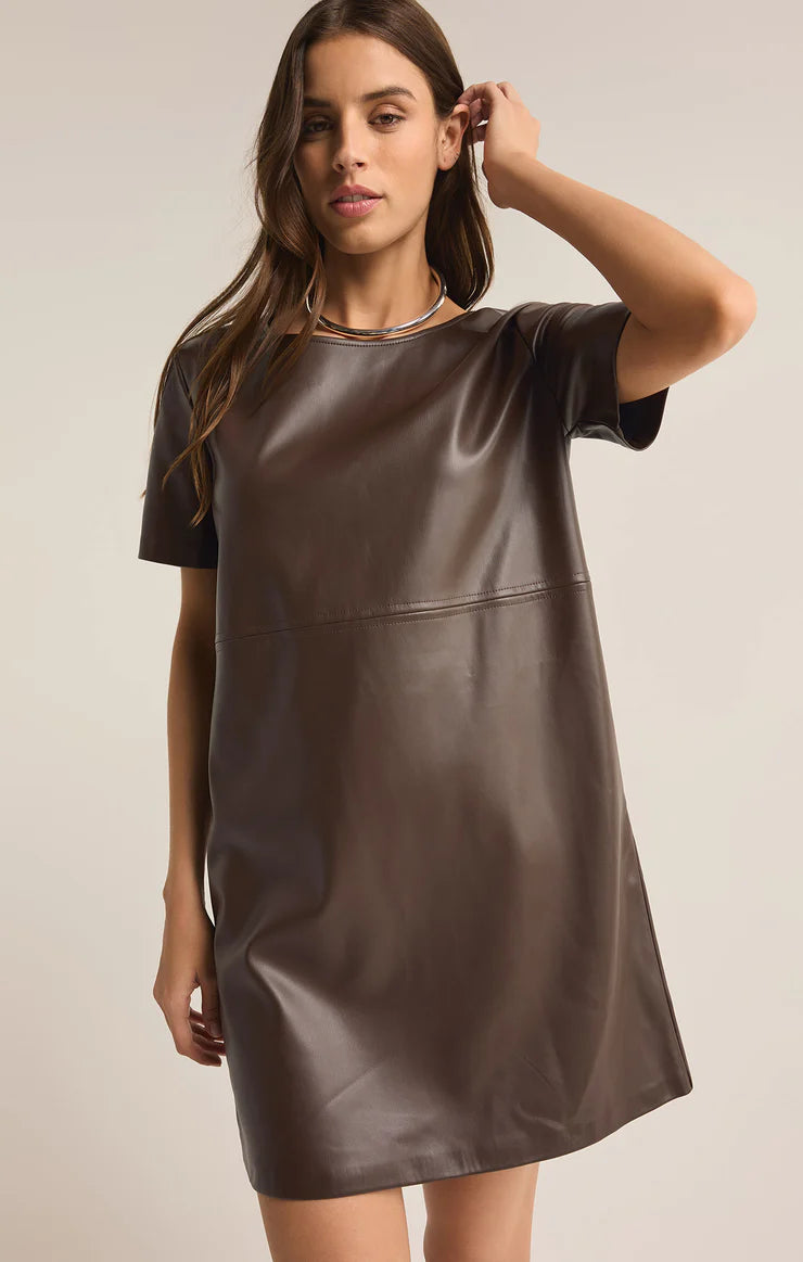 z supply london faux leather mini dress in dark chocolate-front