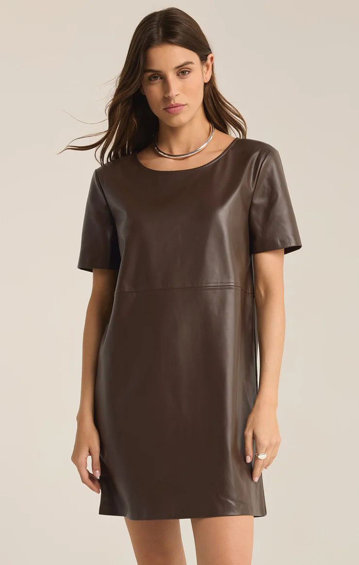 z supply london faux leather mini dress in dark chocolate-front