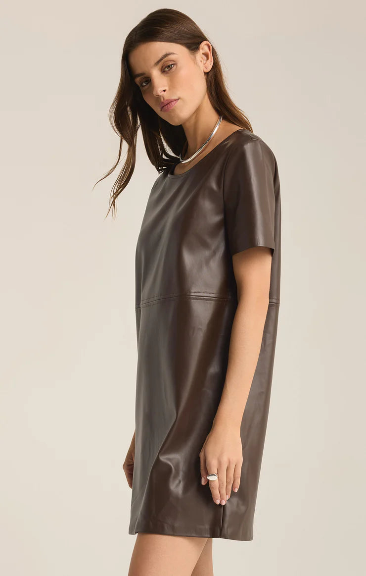 z supply london faux leather mini dress in dark chocolate-side