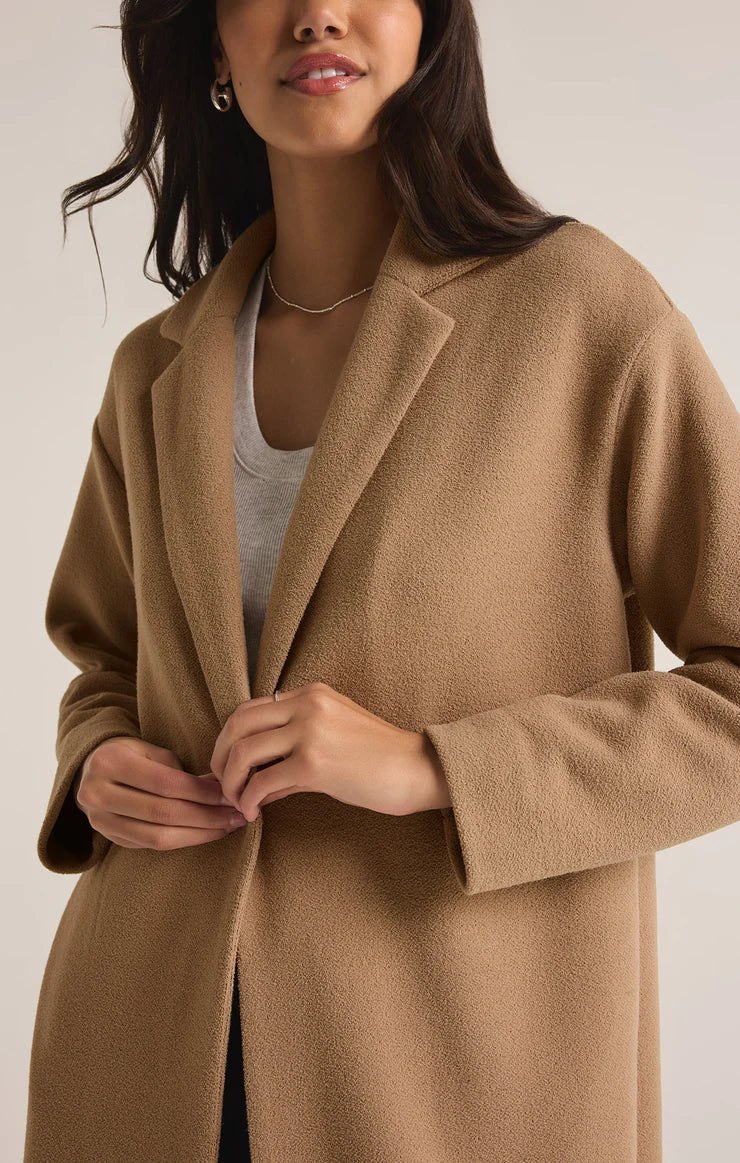 z supply mason knit coat in classic camel-front detail