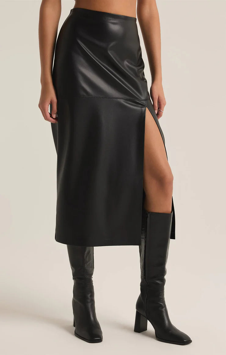 Z SUPPLY Metropolitan Faux Leather Midi Skirt in black-side