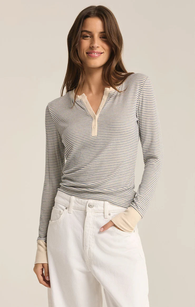 Z SUPPLY Scarlett Stripe Rib Henley in sea salt-front