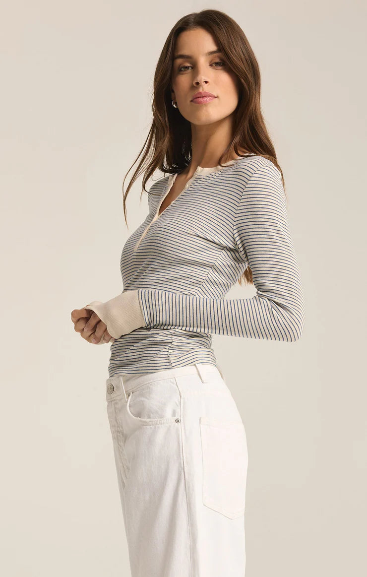 Z SUPPLY Scarlett Stripe Rib Henley in sea salt-side