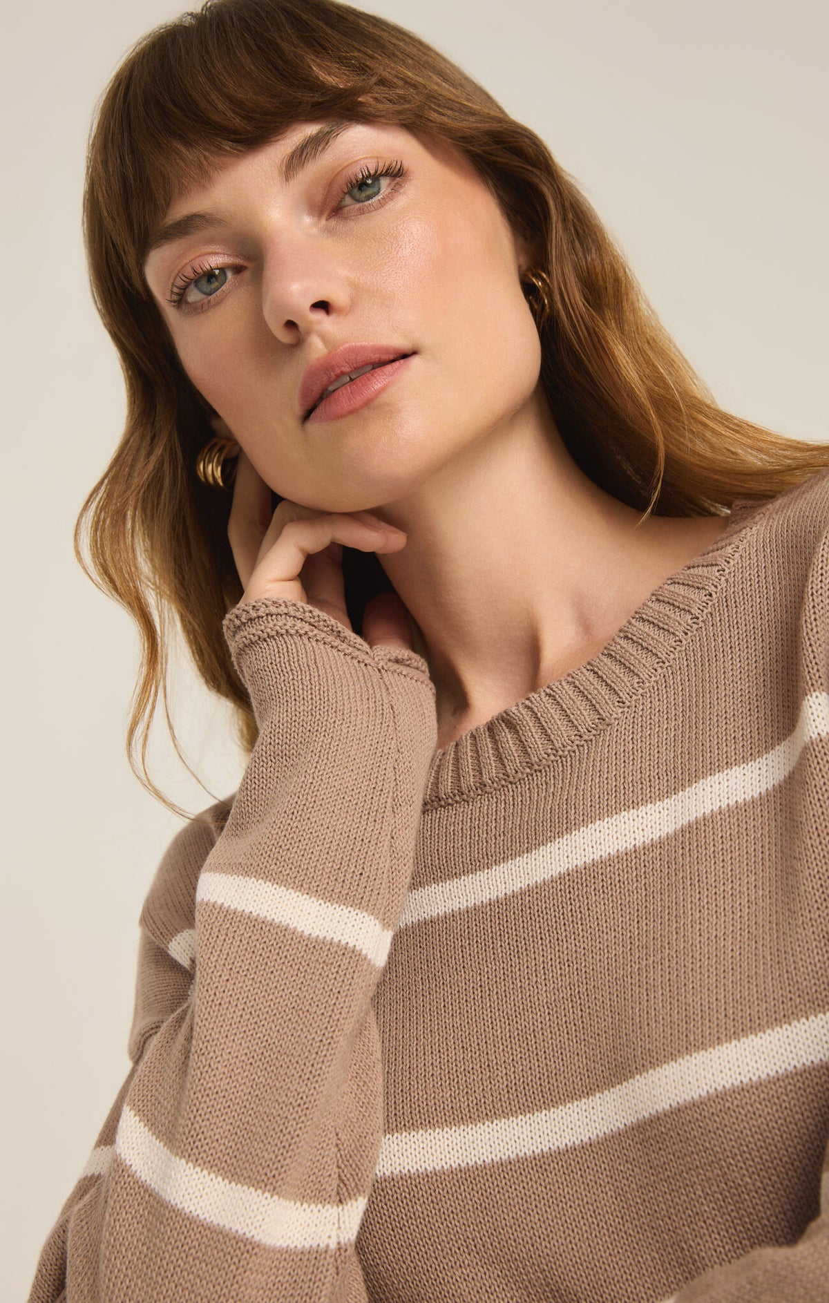 z supply sienna stripe sweater in latte-front detail