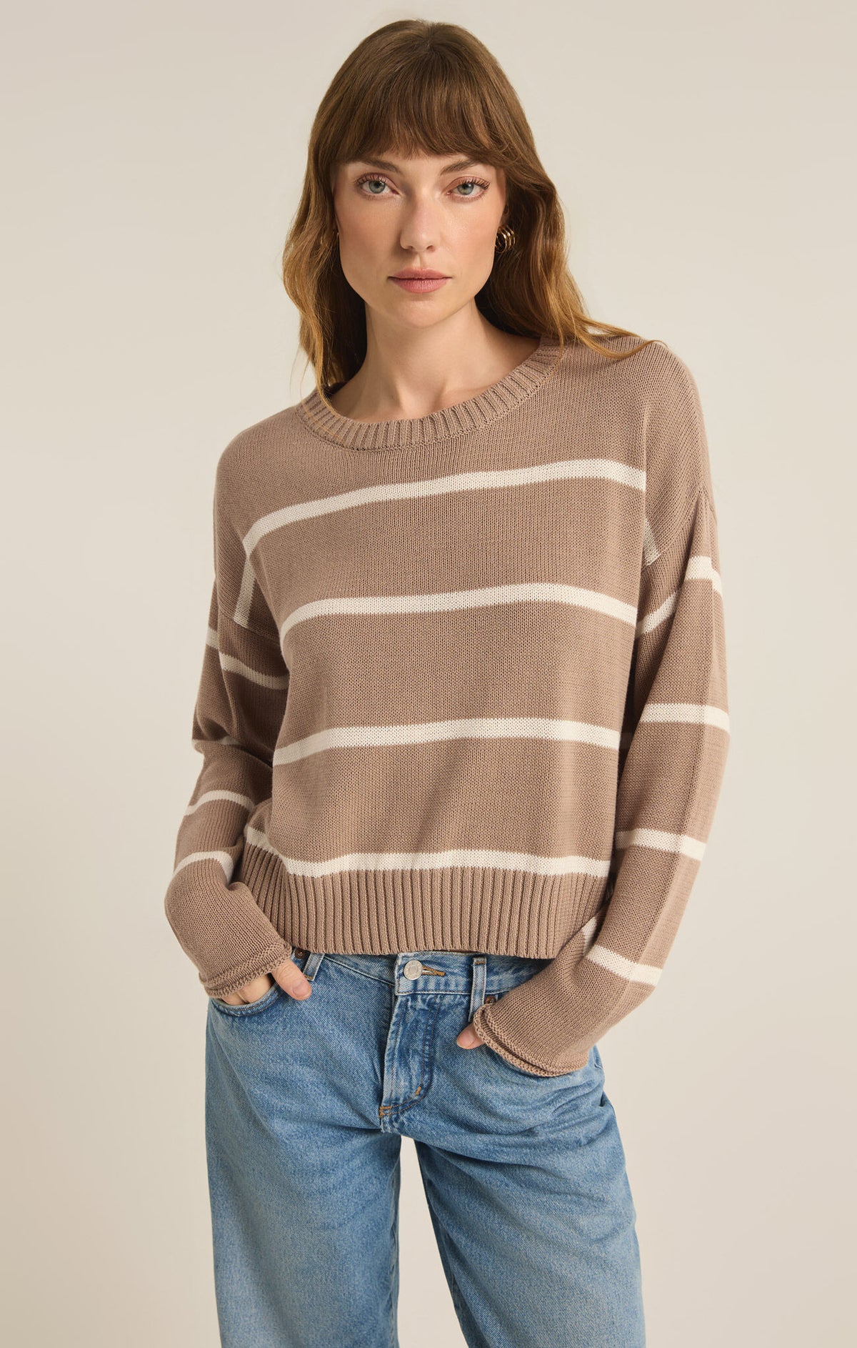 z supply sienna stripe sweater in latte-front