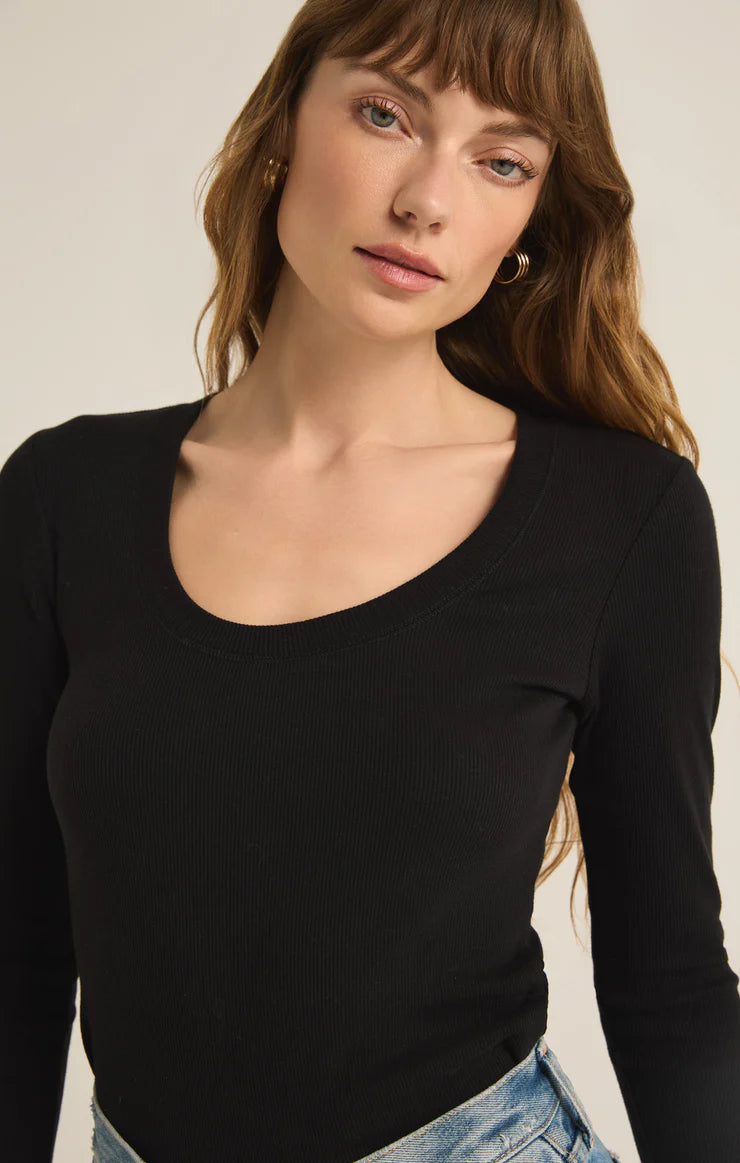 z supply sirena rib long sleeve tee in black-front