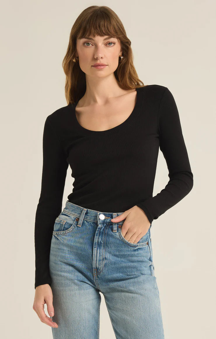 z supply sirena rib long sleeve tee in black-front