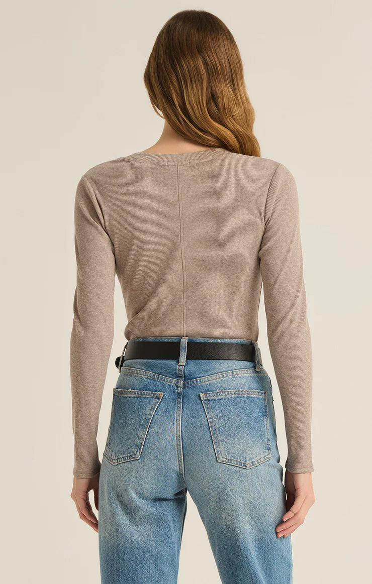 z supply sirena rib long sleeve tee in heather taupe-back